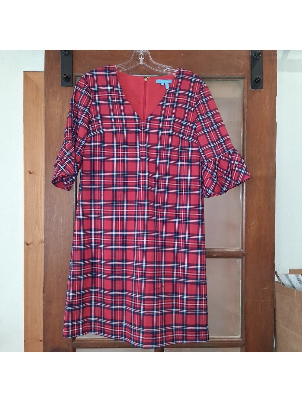 Draper James Red Plaid Shift Dress Ruffle Sleeve V-Neck Tartan Holiday Womens 6